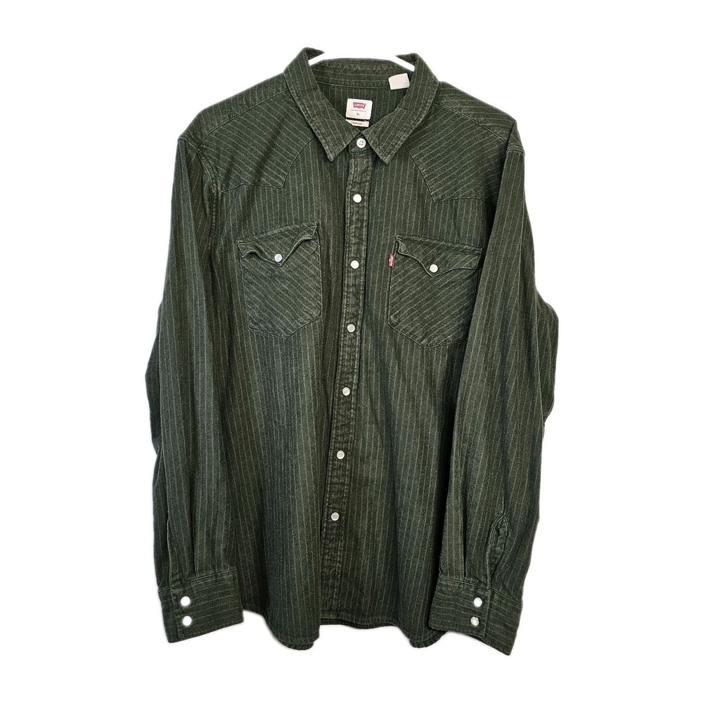 Levis Mens XL Green Denim Western Pearl Snap Long Sleeve Shirt Standard Fit